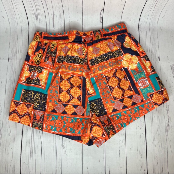 SHEIN Casual Print Shorts Women's Small Orange Multi print Elastic Tie Front - Picture 4 of 5